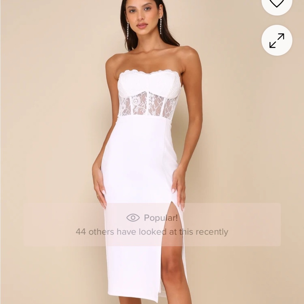 Lulu's Strapless White Lace Midi Dress
